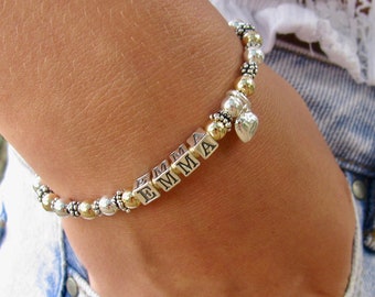 Gold & Sterling Silver Beaded Name Bracelet, Mother's Bracelet, Mom Bracelet w/ Child's Name, Name Jewelry, Nana Nonna Mimi Gigi Bracelet