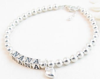 Nana armband, gepersonaliseerde Sterling zilveren kralen naam armband voor volwassenen, sieraden cadeau voor moeder Nonna oma Mimi Gigi Lolli Gramma Grammy