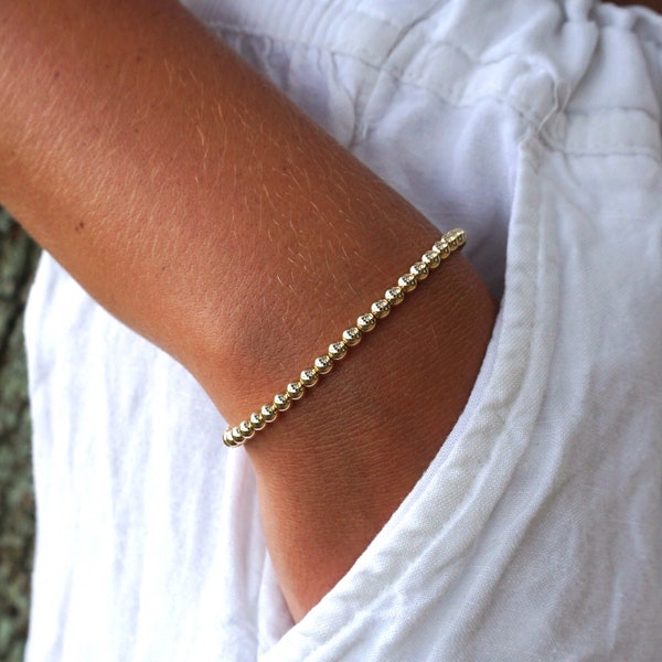 14K Gold Filled Bracelet, 4mm Balls Beaded Simple Layering, Minimalist Stacking Bracelet w/ Small Balls and Clasp