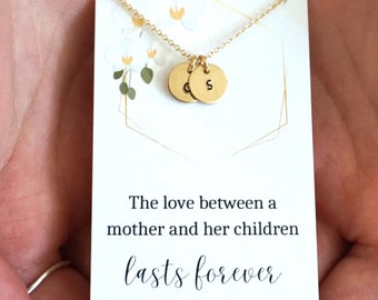 Gold Necklace for Mom w/ Children's Initials, Gift for Mother, Personalized Custom Jewelry w/ Kids Family Charms, Small 1 2 3 4 Initials
