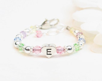 Multi Colored Initial Bracelet for Baby Girl Child, Colorful Pastel Rainbow Jewelry, Personalized Little Girl Beaded Bracelet