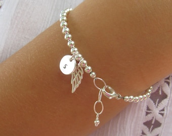Sterling Angel Wing Bracelet, Sympathy Gift, Personalized Memorial Jewelry, Loss of Husband Son Baby Child Daughter