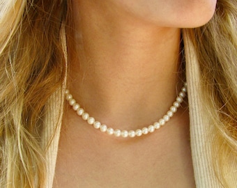 6mm Real Pearl Necklace, Classic Single Strand White Round Freshwater Pearls, Real Pearl Jewelry, Sterling Silver Clasp