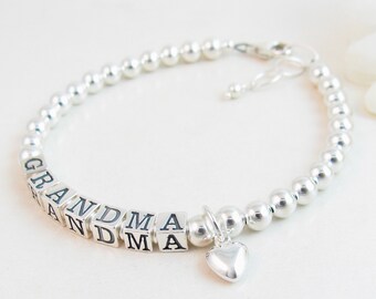 Sterling Silver Grandma Bracelet, Simple Personalized Jewelry Gift for Nonna Nana Mimi Gigi Mommom Gramma Yaya Mom Mommy Mama