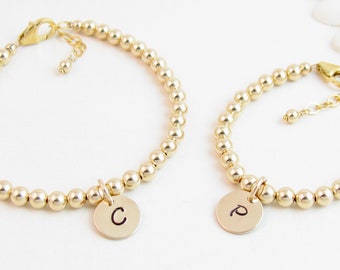 Matching Mother Daughter Bracelets, Small Gold Balls Beaded Initial Charm Bracelet, Mommy & Me Jewelry Set, Mom and Baby Personalized Gift