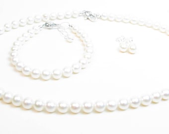 6mm Ladies Real Pearl Necklace Bracelet & Stud Earrings, Matching Freshwater Pearl 3pc Jewelry Set, Sterling Silver Classic White Strand