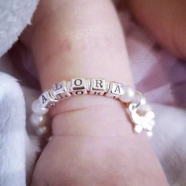 Real Pearl Name Bracelet for Infant, Baby, or Girl, Baptism or Christening Gift, Sterling Silver Personalized Jewelry for Child, Cross Charm