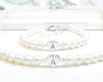 Real Pearl Necklace & Bracelet Set w/ Initial, Child White Pearl Personalized Matching Jewelry Gift for Flower Girl Christening Communion