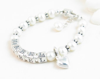 Real Pearl Bracelet w/ Sterling Silver Name & Charm for Baby Child Girl, Personalized Custom Baptism Christening Communion Confirmation Gift