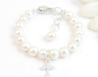 Real Pearl Baby Bracelet w/ Sterling Silver Cross Charm, Girl Baptism Christening First Communion or Confirmation Gift, Child Cross Jewelry