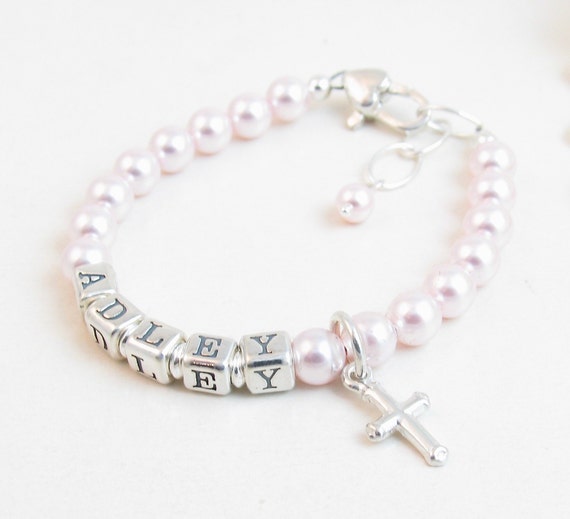 Personalised Box Vintage Pink Pearl Christening Bracelet Silver Name Bracelet