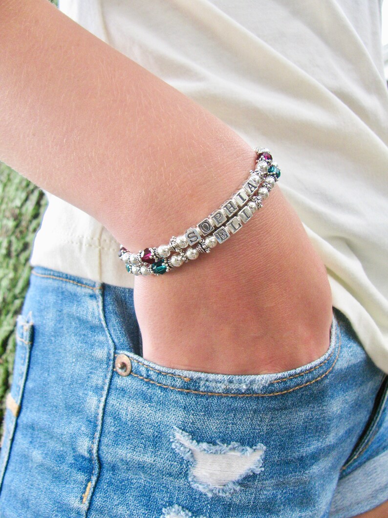Sterling Silver Birthstone Bracelet w/ Two Names Personalized Etsy