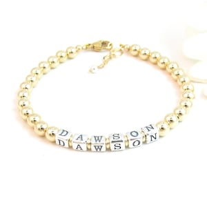 Gold & Sterling Silver Beaded Name Bracelet, Mom Jewelry w/ Child&#39;s Name, Personalized Layering Bracelet w/ 5mm Gold Balls, Gift for Mom