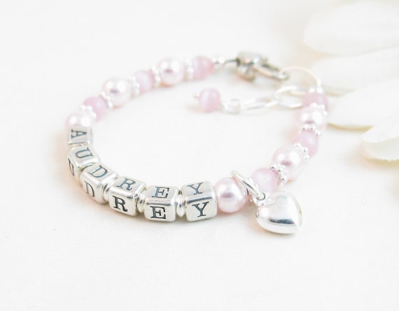 Personalised Box Vintage Pink Pearl Christening Bracelet Silver Name Bracelet