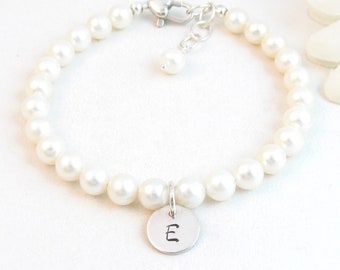 Real Pearl Bracelet w/ Sterling Silver Initial Charm for Flower Girl Bridesmaid Little Girl Teen Adult, Personalized Freshwater Wedding