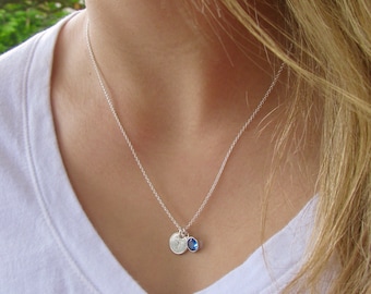 Sterling Silver Initial Necklace, Personalized Jewelry Gift, Initial Charm, Birthstone Necklace w/ Letter, Mom Necklace w/ Child&#39;s Initial