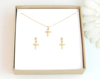 Gold Cross Necklace & Dangle Cross Earrings for Girl Tween Teen, First Communion Confirmation Baptism Christening Gift, Cross Charm Jewelry
