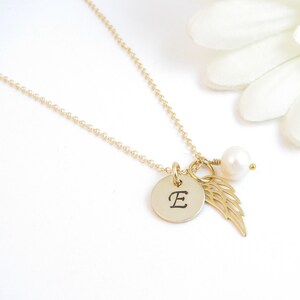 Gold Angel Wing Necklace w/ Initial & Pearl, Sympathy or Memorial Gift, Loss of Son Husband Baby Child Daughter, Memorial Jewelry for Women image 3
