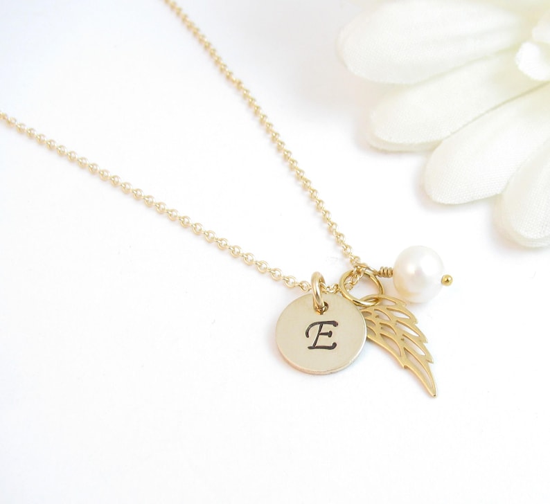 Gold Angel Wing Necklace w/ Initial & Pearl, Sympathy or Memorial Gift, Loss of Son Husband Baby Child Daughter, Memorial Jewelry for Women image 3