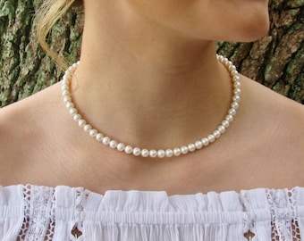 6mm echte Perlenkette für Damen, klassische Einzelstrang-Weißcreme-Süßwasserperlenkette für Braut Brautjungfer Hochzeit, Sterlingsilber