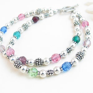 Sterling Silver Beaded Bracelet w/ Grandchildren&#39;s Birthstones for Grandma Nana Mimi Gigi Nonna, Custom Jewelry w/ Family Birthstones