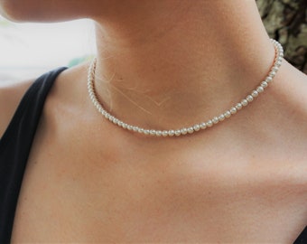 4mm Sterling Silver Balls Beaded Necklace, Silver Strand Necklace, Stackable Layering Necklace, 4mm Round Beads Choker