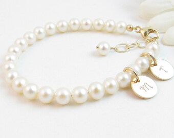 Real Pearl Personalized Bracelet w/ Gold Initial Charms, Mother's Day Gift for Mom Nana Mimi Gigi Nonna, Custom Jewelry w/ Kid's Initials