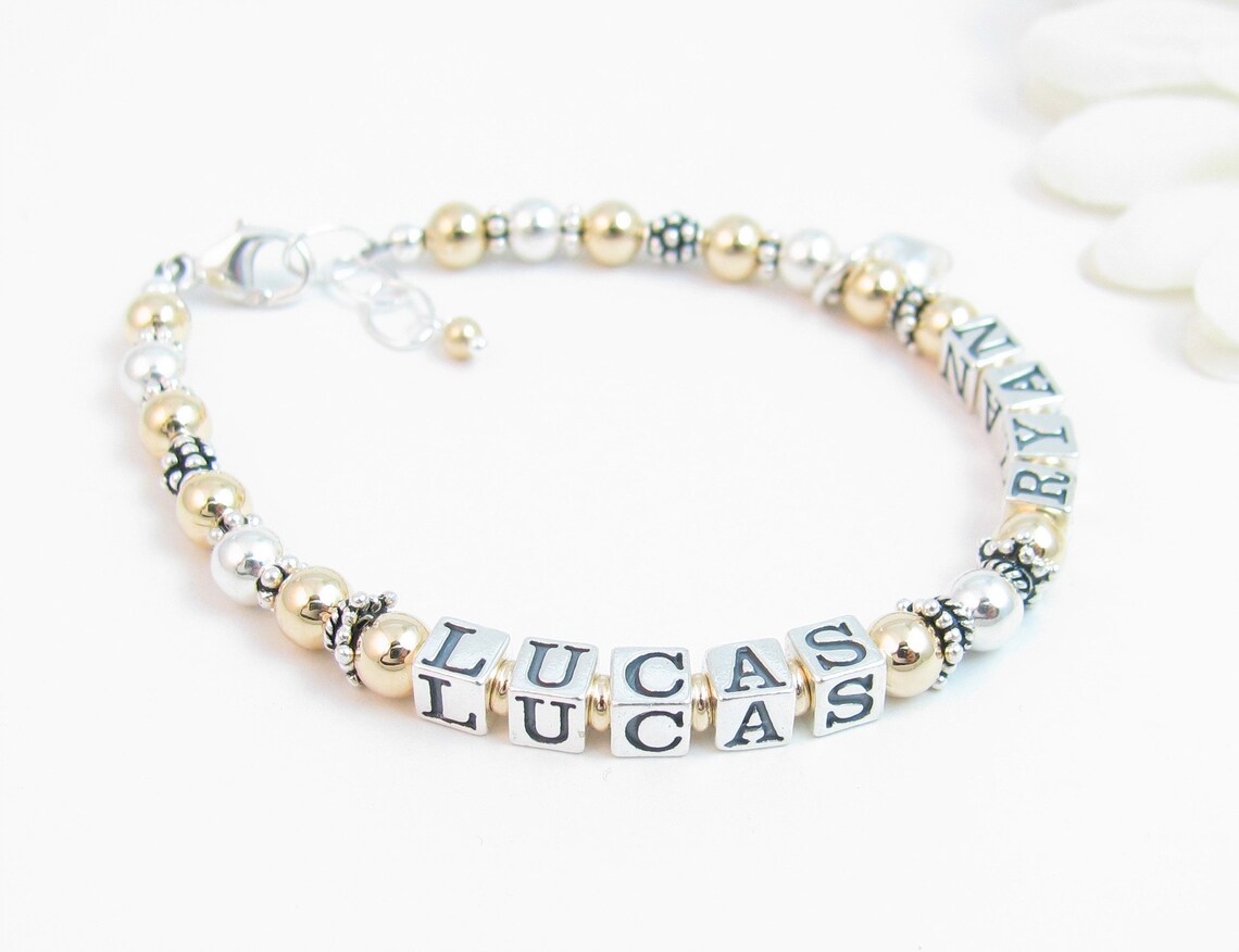 Gold & Silver Beaded Bracelet W/ 2 Names Personalized Etsy