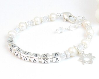 Real Pearl Star of David Bracelet w/ Name for Baby Little Girl Child, Baby Naming Ceremony Passover Gift, Birthstone Sterling Silver Jewelry