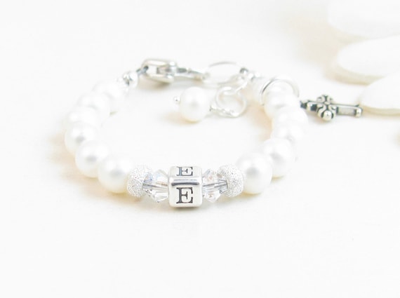Real Pearl and Silver Bracelet for Girls First Holy Communion or Christening. 