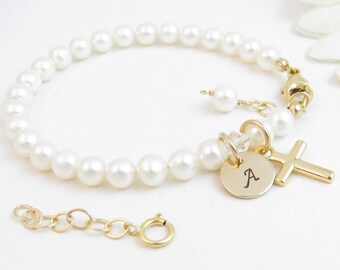 Baby to Bride Real Pearl Bracelet w/ Gold Initial & Cross Charms, Personalized 1st Communion Confirmation Jewelry, Girl Baptism Christening