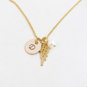 Gold Angel Wing Necklace w/ Initial & Pearl, Sympathy or Memorial Gift, Loss of Son Husband Baby Child Daughter, Memorial Jewelry for Women image 2
