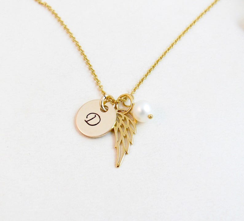 Gold Angel Wing Necklace w/ Initial & Pearl, Sympathy or Memorial Gift, Loss of Son Husband Baby Child Daughter, Memorial Jewelry for Women image 2