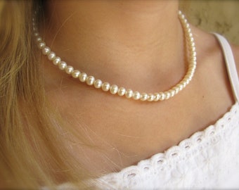 Child Real Pearl Necklace, Freshwater Pearl Jewelry for Girl or Baby, First Pearls, White Ivory Round Simple Single Strand Sterling 5.5mm