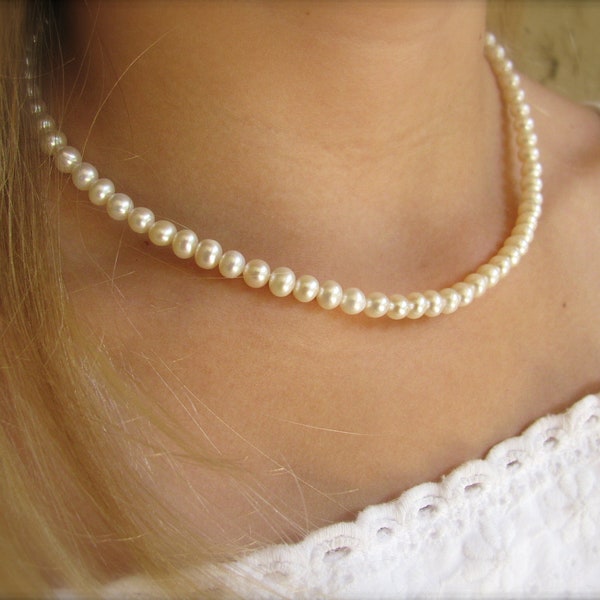 Child Real Pearl Necklace, Freshwater Pearl Jewelry for Girl or Baby, First Pearls, White Ivory Round Simple Single Strand Sterling 5.5mm