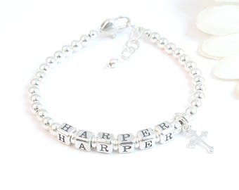 Sterling Silver Beaded Name Bracelet for Child Baby Little Girl or Boy, Baptism Christening Jewelry Gift, Heart Cross Butterfly Charm