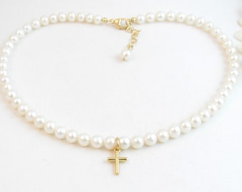 Child Real Pearl Necklace w/ Gold Filled Cross Charm, Little Girl Baby Toddler Pearl Jewelry Gold Clasp, Single Strand Necklace - 5.5-6mm