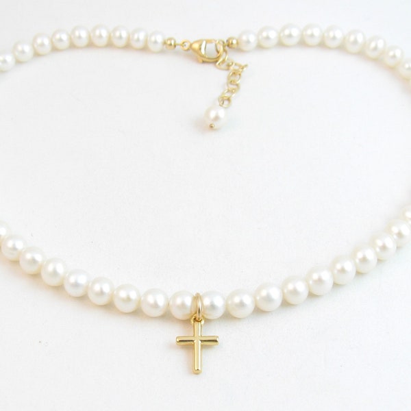 Petite Pearl Cross Necklace 18K Gold
