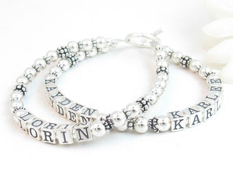 Sterling Silver Beaded Bracelet w/ Three Names, Personalized Jewelry 3 Children's Names for Mom Mother Mommy Nana Mimi Gigi Grandma Nonna