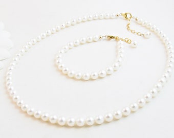 Little Girl Real Pearl Necklace & Pearl Bracelet w/ Gold Clasp, Freshwater Pearl Jewelry Set, First Pearls, Baptism Christening Gift, 5.5-6