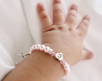 Personalized Bracelet for Infant Baby Girl Child, Baptism Christening Gift, Pink Pearl Little Girl Custom Jewelry w/ Cross Heart Charm