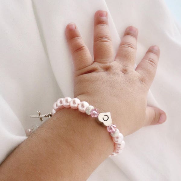 Personalized Bracelet for Infant Baby Girl Child, Baptism Christening Gift, Pink Pearl Little Girl Custom Jewelry w/ Cross Heart Charm