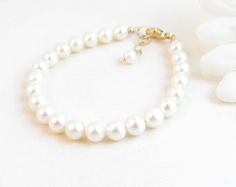 Pulsera infantil de perlas auténticas con cierre chapado en oro, pulsera de perlas de agua dulce para bebé, pulsera de perlas para niña de las flores, bautizo
