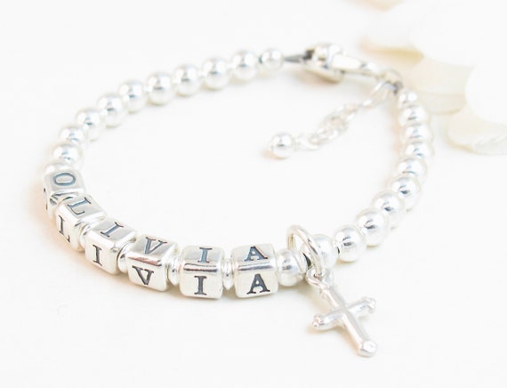 Personalisiert Kind Baby Taufe Armband Silber Perle & Kristall