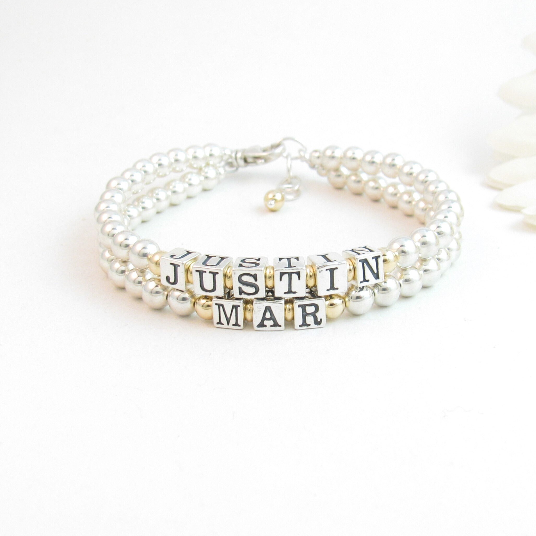 Gold & Sterling Bracelet w/ Two Names, Multi-Name Gift for Mom Personalized w/ 2 Children's Names, Mommy Beaded Jewelry Nonna Nana Mimi Gigi