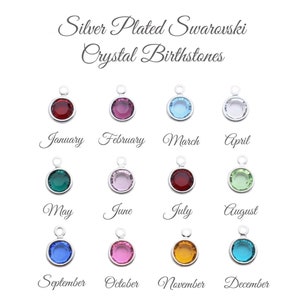 May include: Twelve silver-plated charms with Swarovski crystal birthstones. Each charm features a different colored crystal representing a month of the year. January is red, February is pink, March is light blue, April is white, May is green, June is light pink, July is red, August is light green, September is blue, October is pink, November is orange, and December is light blue.