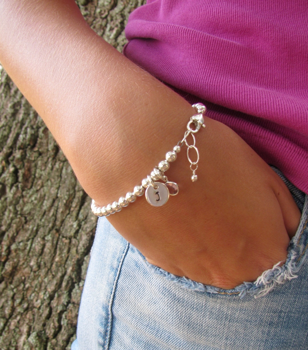 5mm Sterling Silver Beaded Initial Charm Bracelet Etsy