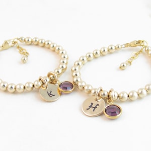 Matching Mother Daughter Bracelets, Mommy & Me Jewelry, Mom and Baby Gold Initial Personalized Gold Charm, Set of 2 w/ Birthstone