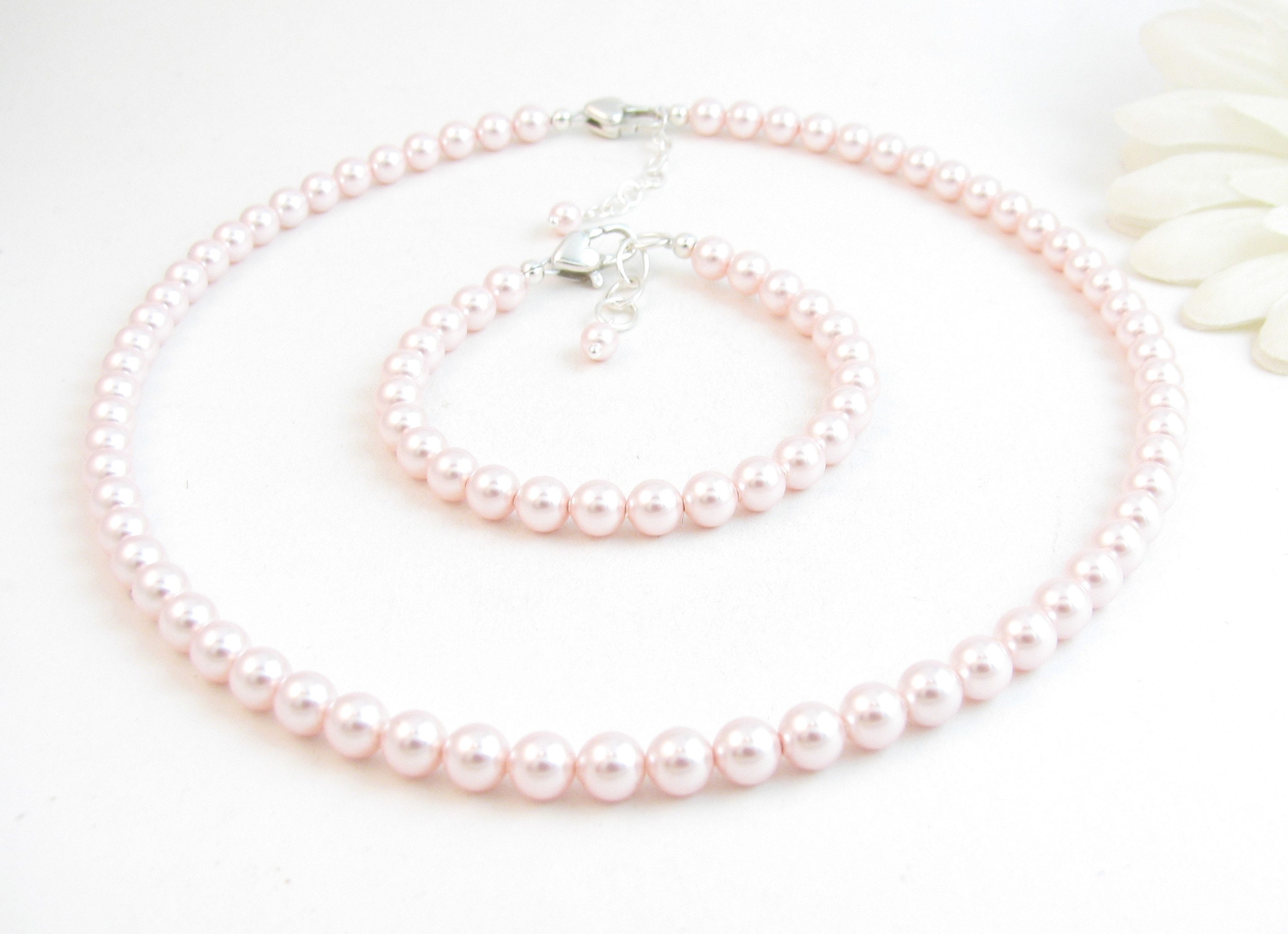 Pink Pearl Necklace & Bracelet Matching Set for Child Baby Flower Girl, Little Girl Pink Jewelry, 1st Birthday Gift