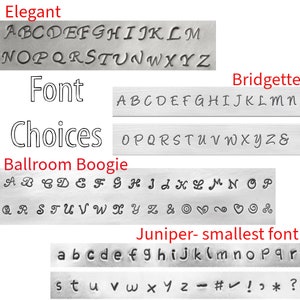 May include: Image showing different font styles for a custom jewelry piece. The font styles are Elegant, Bridgette, Ballroom Boogie, and Juniper. The image shows the alphabet in each font style.